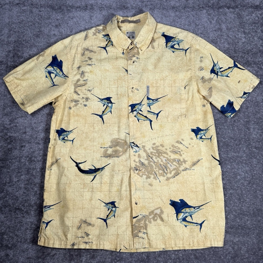 Columbia Shirt Men's Medium Yellow River Lodge Cotton Deep Sea Fish Vacation‎